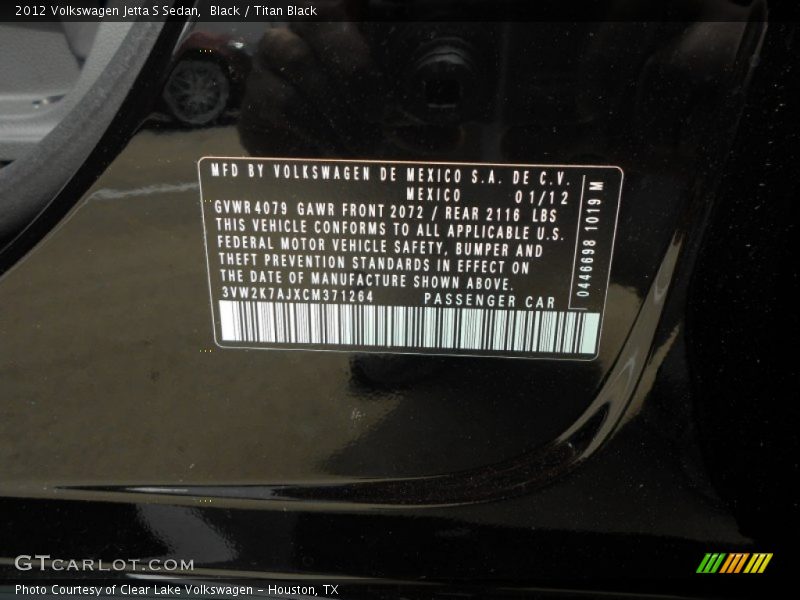 Black / Titan Black 2012 Volkswagen Jetta S Sedan