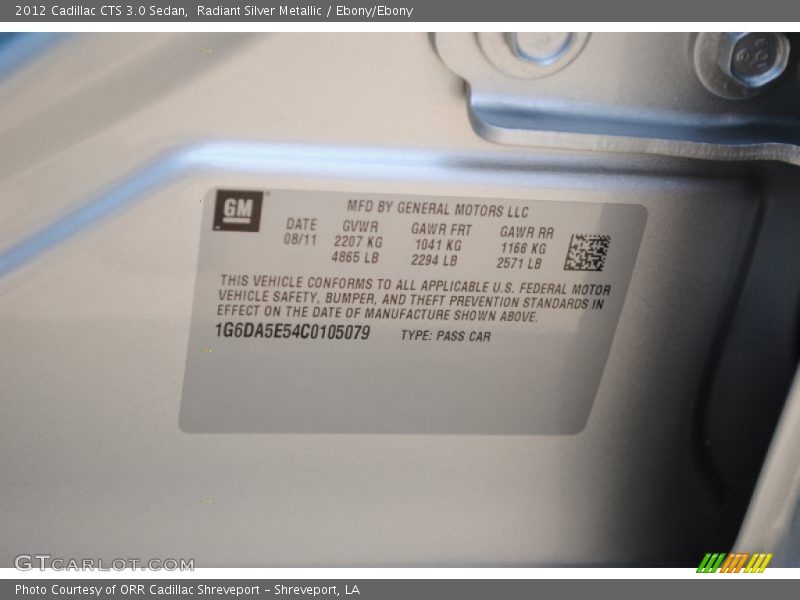 Radiant Silver Metallic / Ebony/Ebony 2012 Cadillac CTS 3.0 Sedan