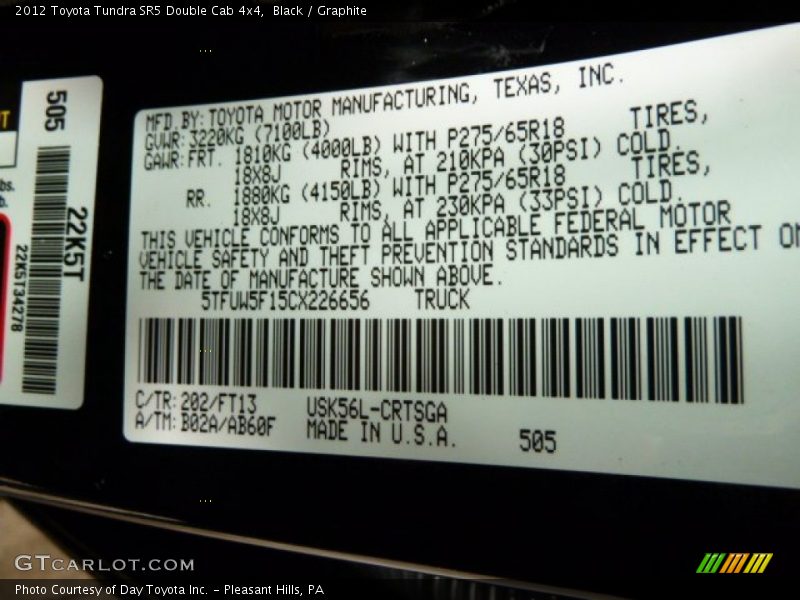 Black / Graphite 2012 Toyota Tundra SR5 Double Cab 4x4