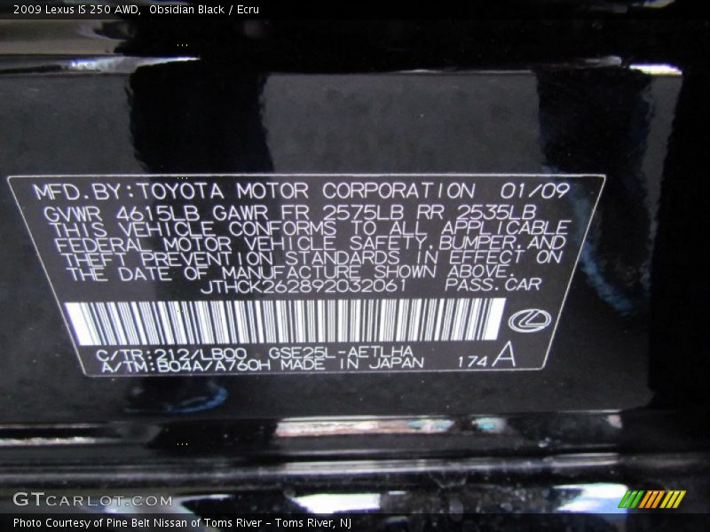 Obsidian Black / Ecru 2009 Lexus IS 250 AWD