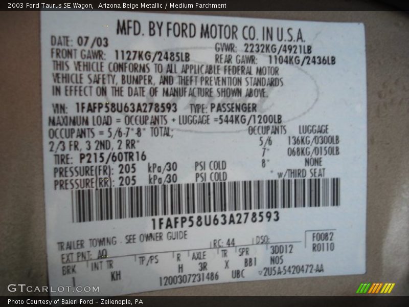 Arizona Beige Metallic / Medium Parchment 2003 Ford Taurus SE Wagon