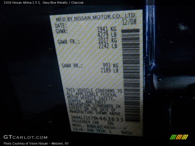 Navy Blue Metallic / Charcoal 2009 Nissan Altima 2.5 S