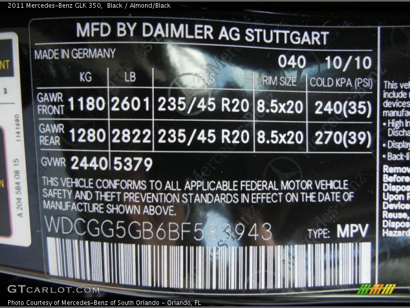 2011 GLK 350 Black Color Code 040