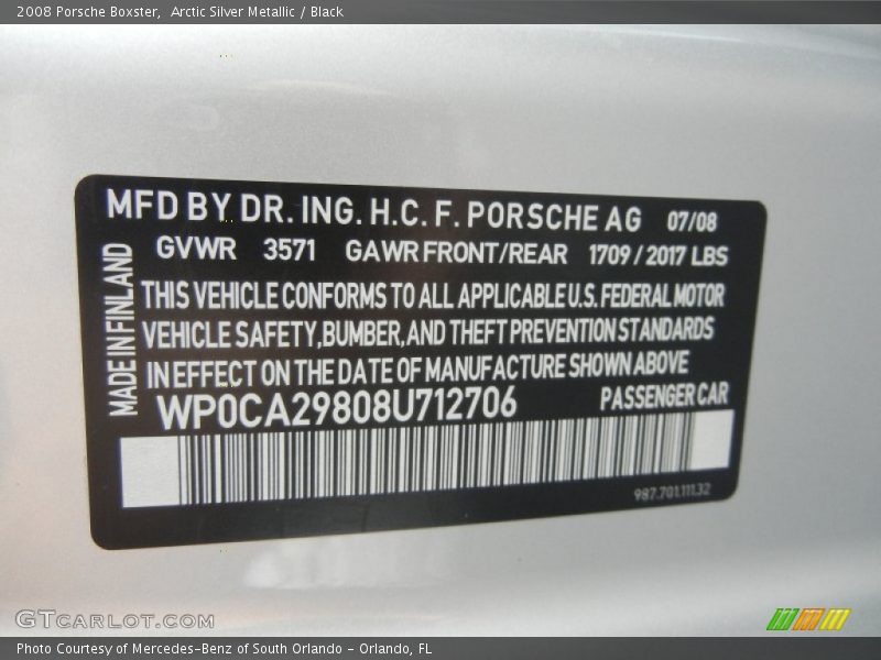Arctic Silver Metallic / Black 2008 Porsche Boxster