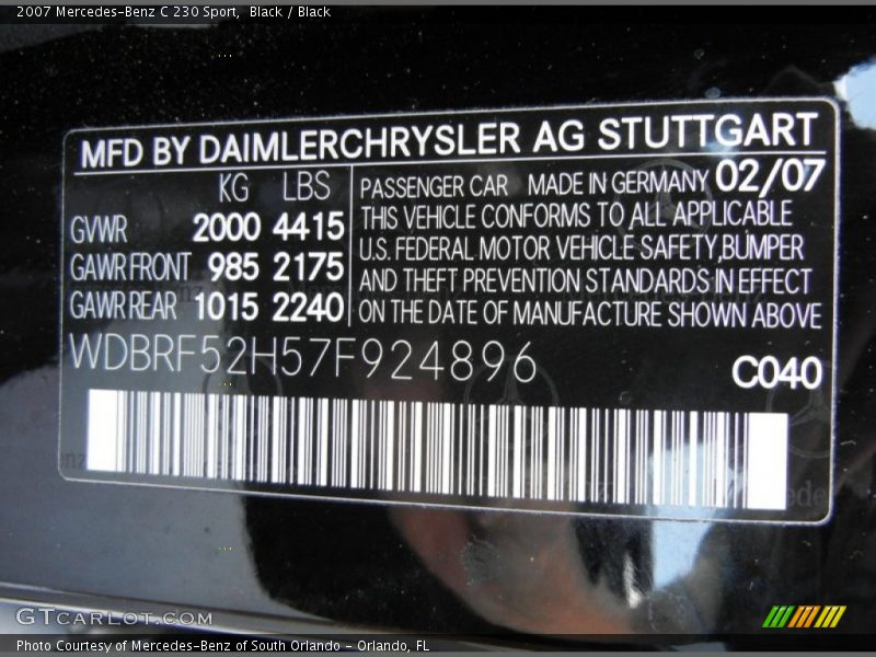 2007 C 230 Sport Black Color Code 040