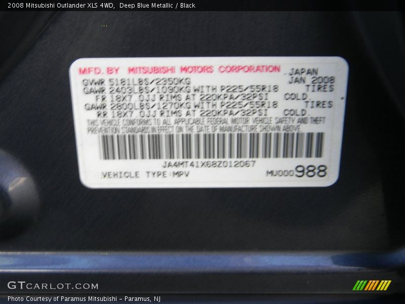 Deep Blue Metallic / Black 2008 Mitsubishi Outlander XLS 4WD