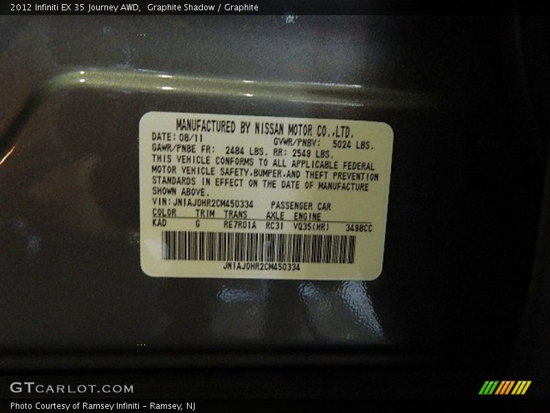 2012 EX 35 Journey AWD Graphite Shadow Color Code KAD