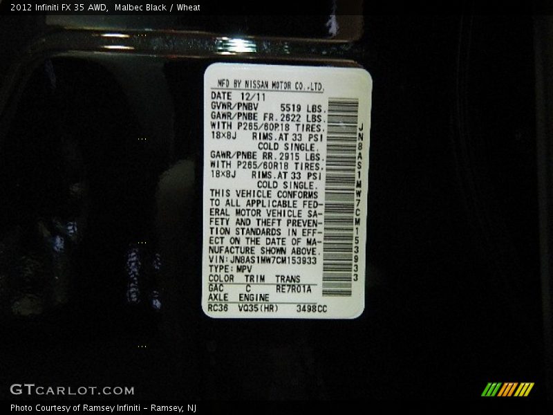 2012 FX 35 AWD Malbec Black Color Code GAC