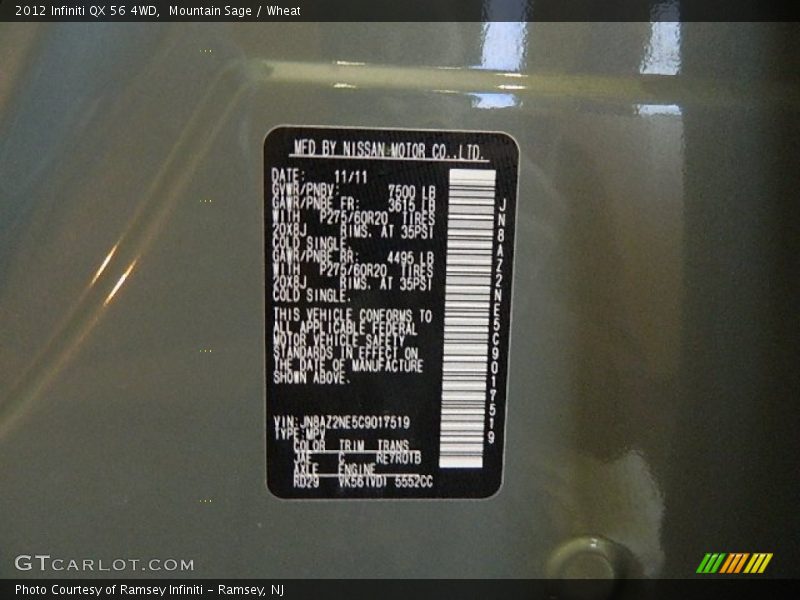 2012 QX 56 4WD Mountain Sage Color Code JAE