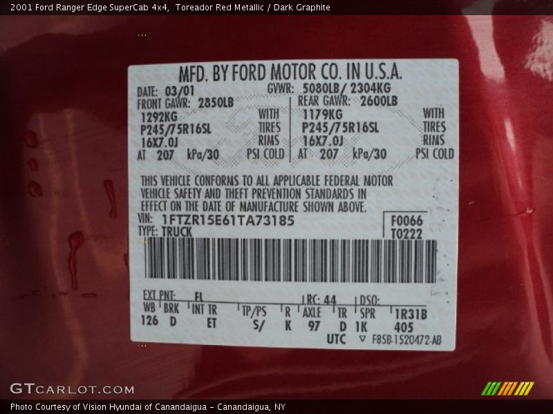 2001 Ranger Edge SuperCab 4x4 Toreador Red Metallic Color Code FL