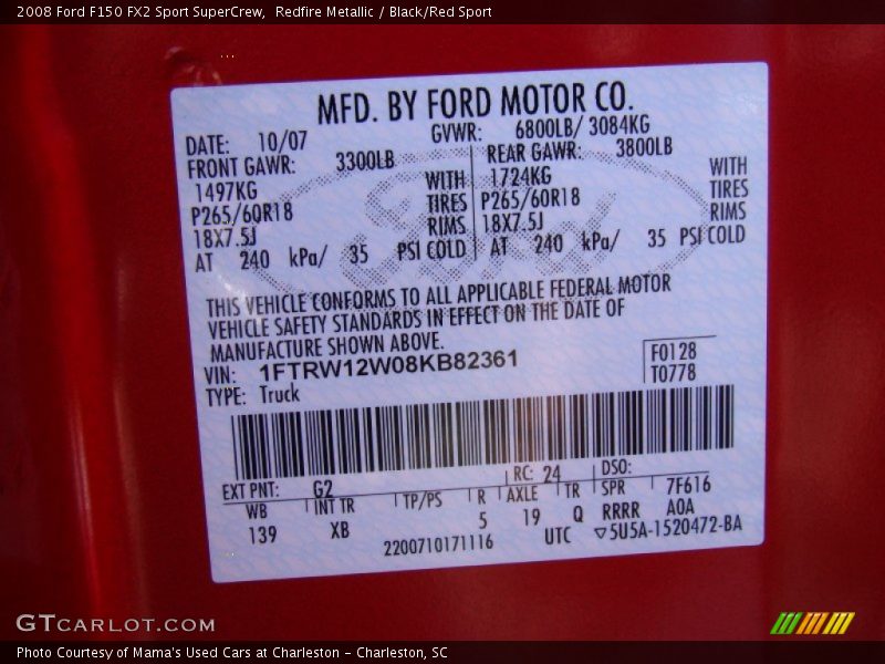 2008 F150 FX2 Sport SuperCrew Redfire Metallic Color Code G2