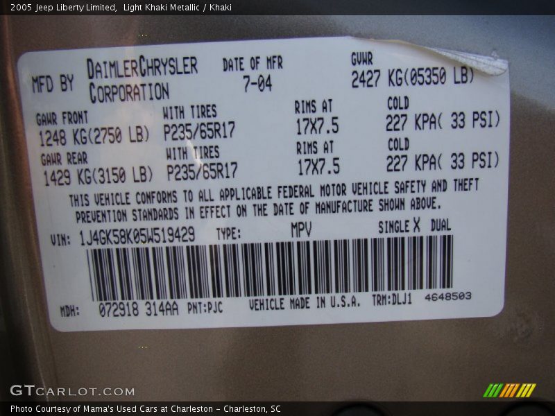 2005 Liberty Limited Light Khaki Metallic Color Code PJC