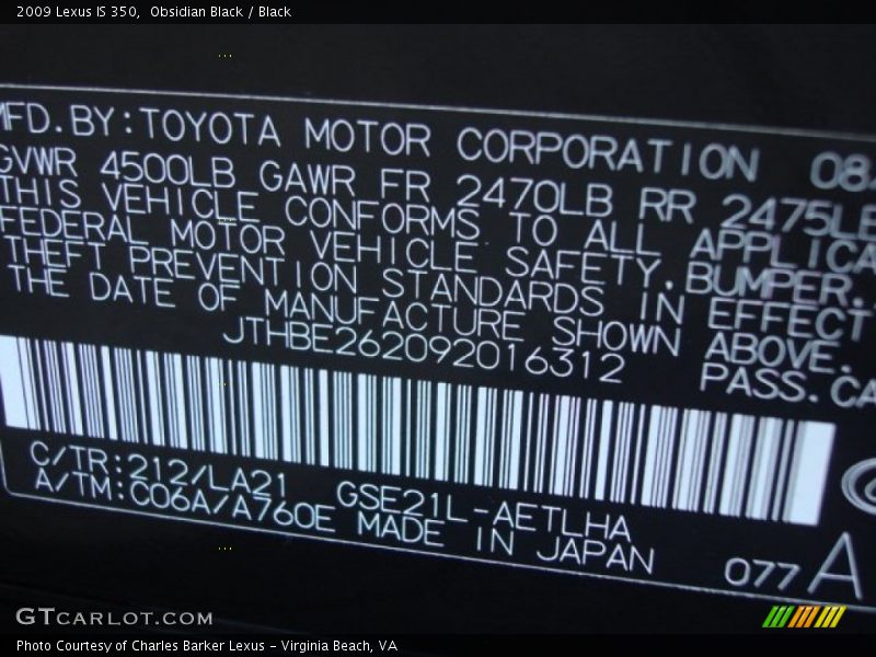 2009 IS 350 Obsidian Black Color Code 212