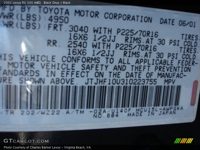Black Onyx / Black 2001 Lexus RX 300 AWD