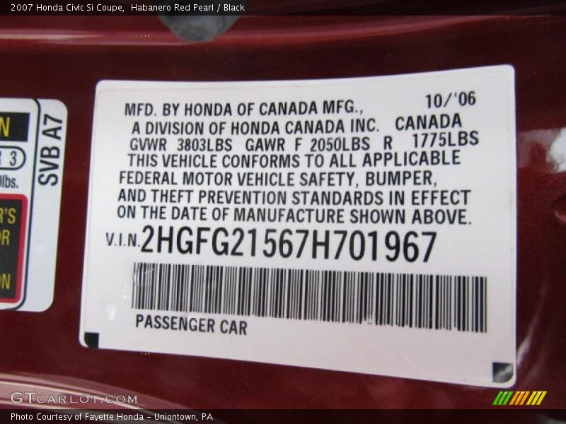 Habanero Red Pearl / Black 2007 Honda Civic Si Coupe