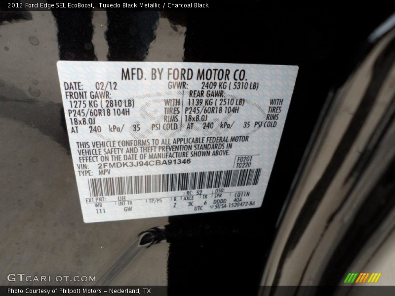 Tuxedo Black Metallic / Charcoal Black 2012 Ford Edge SEL EcoBoost