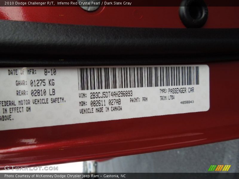 2010 Challenger R/T Inferno Red Crystal Pearl Color Code PRH