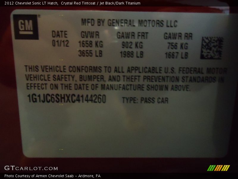 Crystal Red Tintcoat / Jet Black/Dark Titanium 2012 Chevrolet Sonic LT Hatch