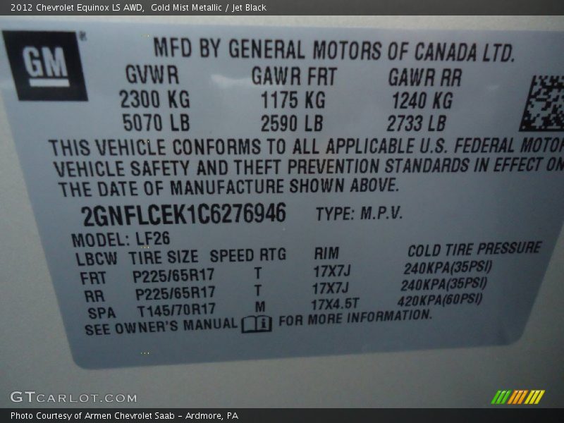 Gold Mist Metallic / Jet Black 2012 Chevrolet Equinox LS AWD