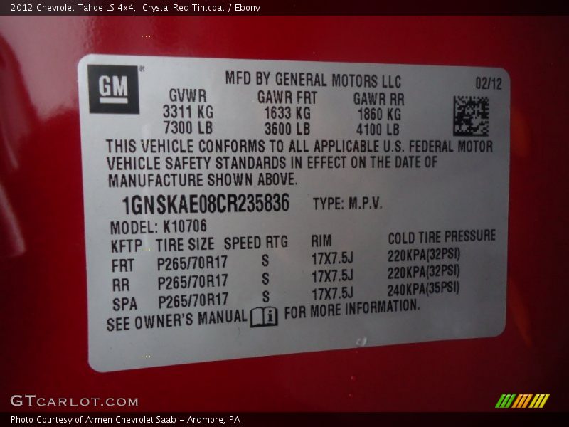 Crystal Red Tintcoat / Ebony 2012 Chevrolet Tahoe LS 4x4