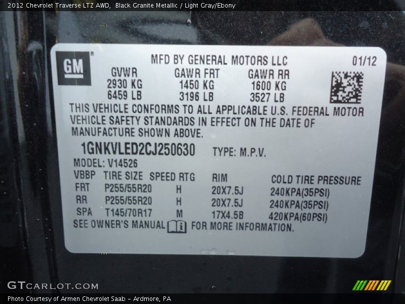 Black Granite Metallic / Light Gray/Ebony 2012 Chevrolet Traverse LTZ AWD