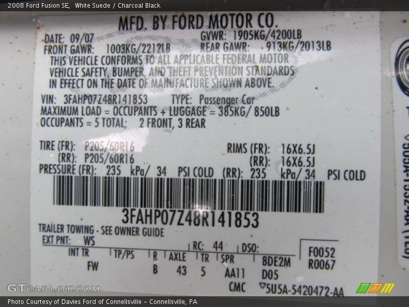 White Suede / Charcoal Black 2008 Ford Fusion SE