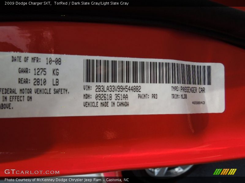 2009 Charger SXT TorRed Color Code PR3