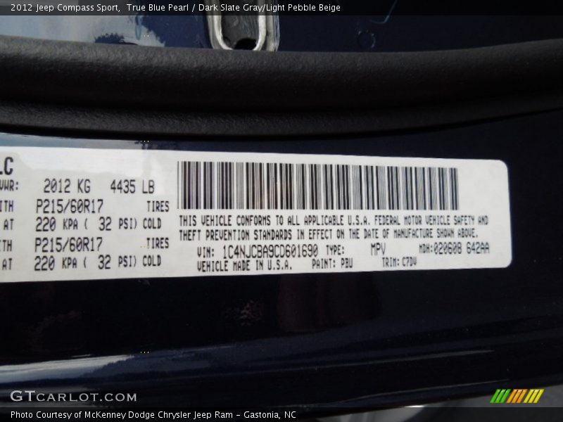 2012 Compass Sport True Blue Pearl Color Code PBU