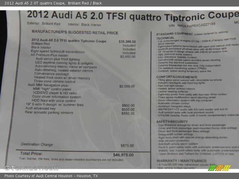  2012 A5 2.0T quattro Coupe Window Sticker