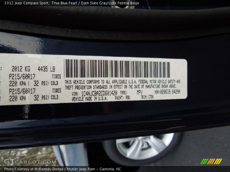 True Blue Pearl / Dark Slate Gray/Light Pebble Beige 2012 Jeep Compass Sport
