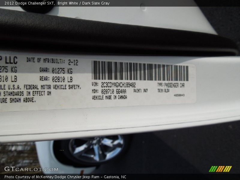 Bright White / Dark Slate Gray 2012 Dodge Challenger SXT