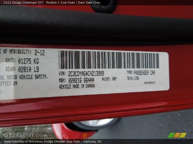 Redline 3 Coat Pearl / Dark Slate Gray 2012 Dodge Challenger SXT