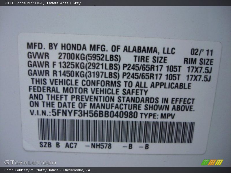 Taffeta White / Gray 2011 Honda Pilot EX-L