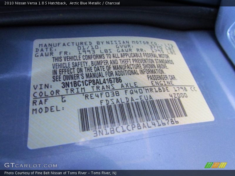 Arctic Blue Metallic / Charcoal 2010 Nissan Versa 1.8 S Hatchback