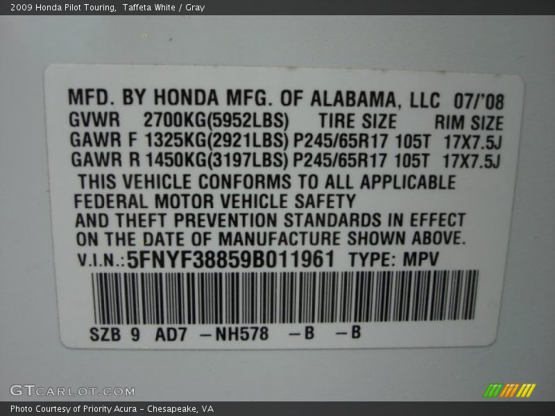 2009 Pilot Touring Taffeta White Color Code NH578
