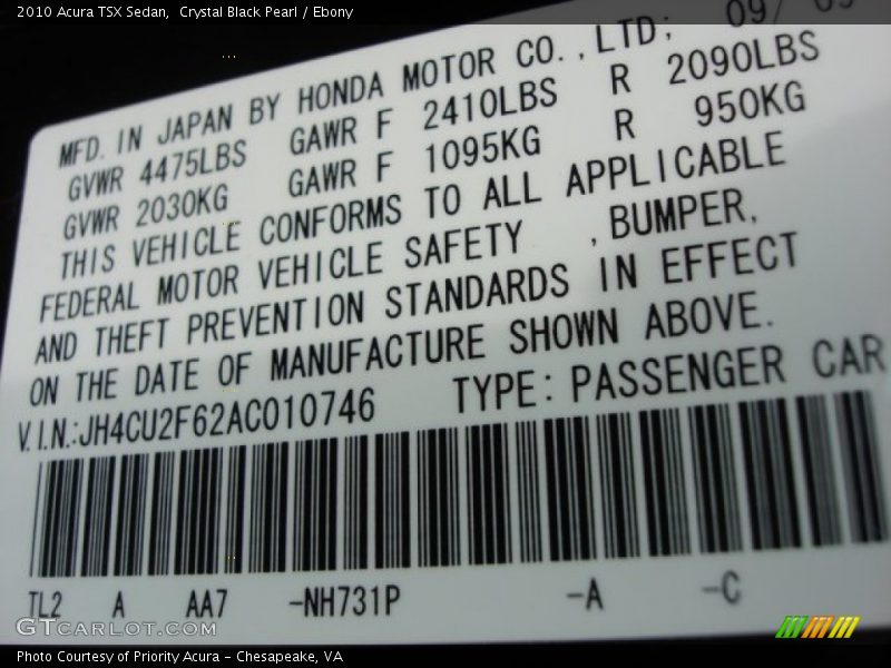 Crystal Black Pearl / Ebony 2010 Acura TSX Sedan