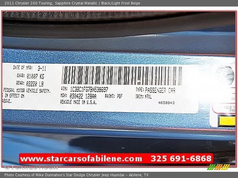 Sapphire Crystal Metallic / Black/Light Frost Beige 2011 Chrysler 200 Touring