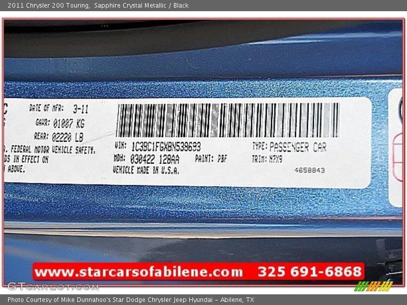 Sapphire Crystal Metallic / Black 2011 Chrysler 200 Touring