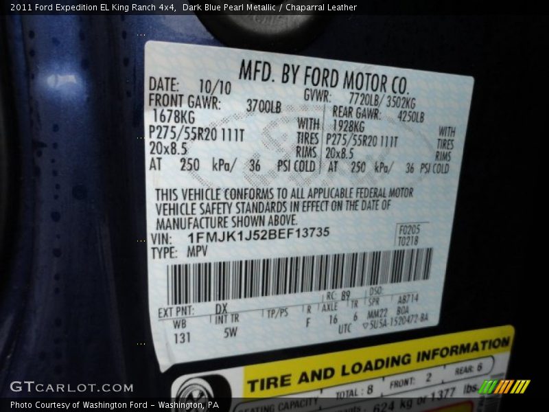 2011 Expedition EL King Ranch 4x4 Dark Blue Pearl Metallic Color Code DX