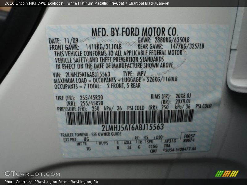 2010 MKT AWD EcoBoost White Platinum Metallic Tri-Coat Color Code UG