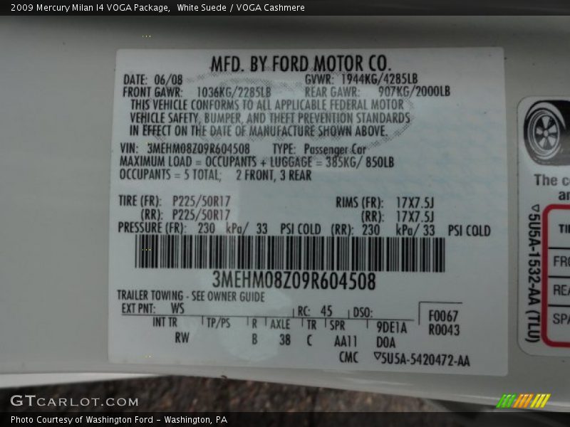 2009 Milan I4 VOGA Package White Suede Color Code WS