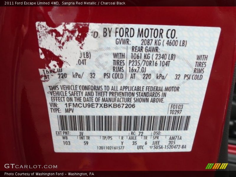 Sangria Red Metallic / Charcoal Black 2011 Ford Escape Limited 4WD