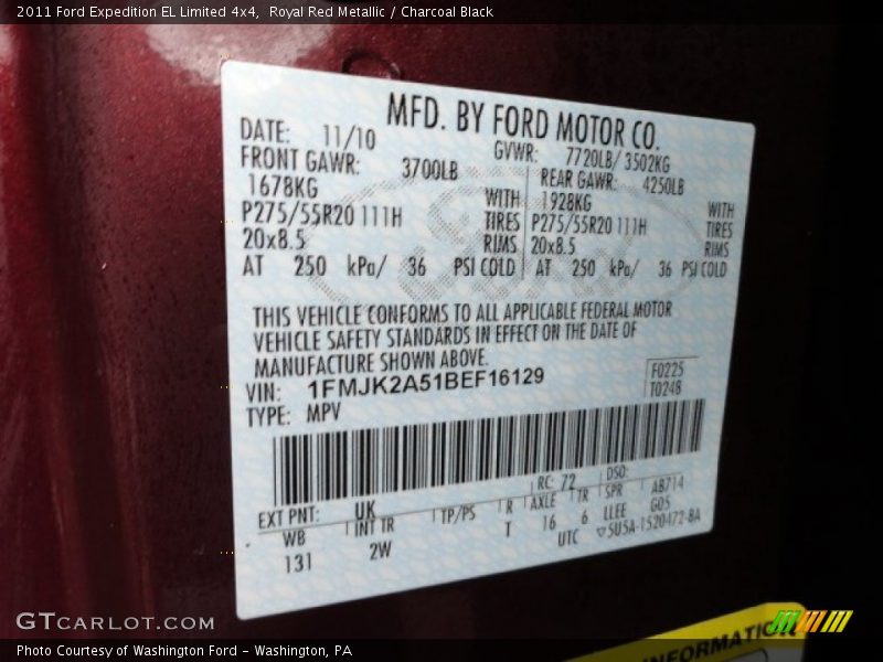 2011 Expedition EL Limited 4x4 Royal Red Metallic Color Code UK