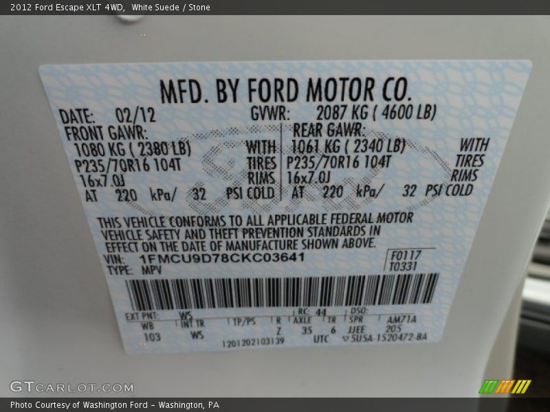 White Suede / Stone 2012 Ford Escape XLT 4WD