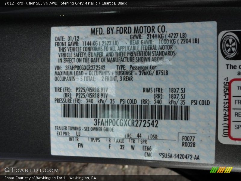 2012 Fusion SEL V6 AWD Sterling Grey Metallic Color Code UJ