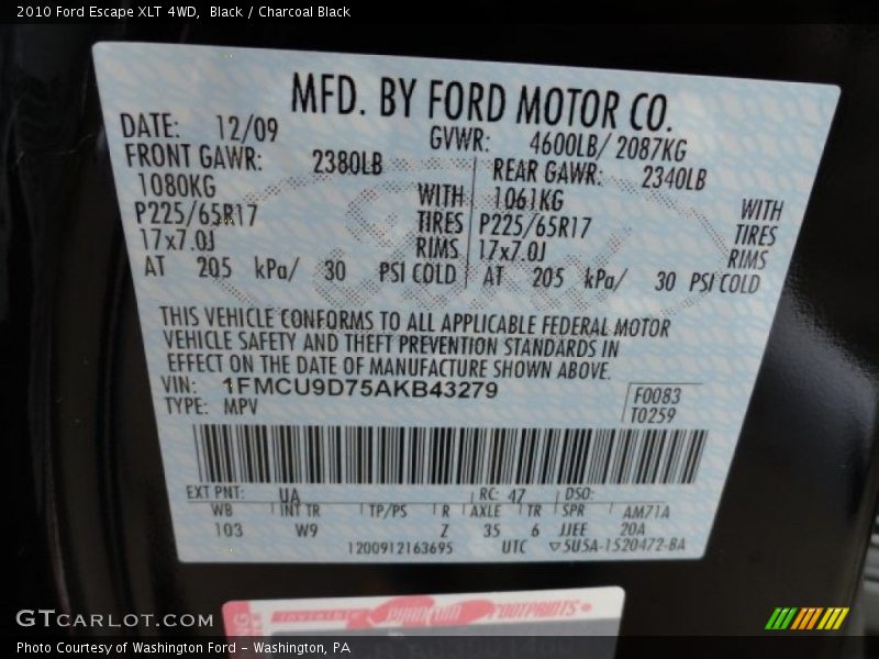 Black / Charcoal Black 2010 Ford Escape XLT 4WD