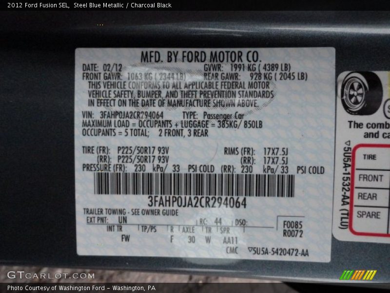 Steel Blue Metallic / Charcoal Black 2012 Ford Fusion SEL