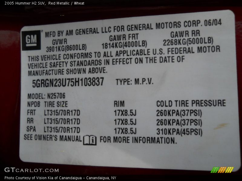Info Tag of 2005 H2 SUV