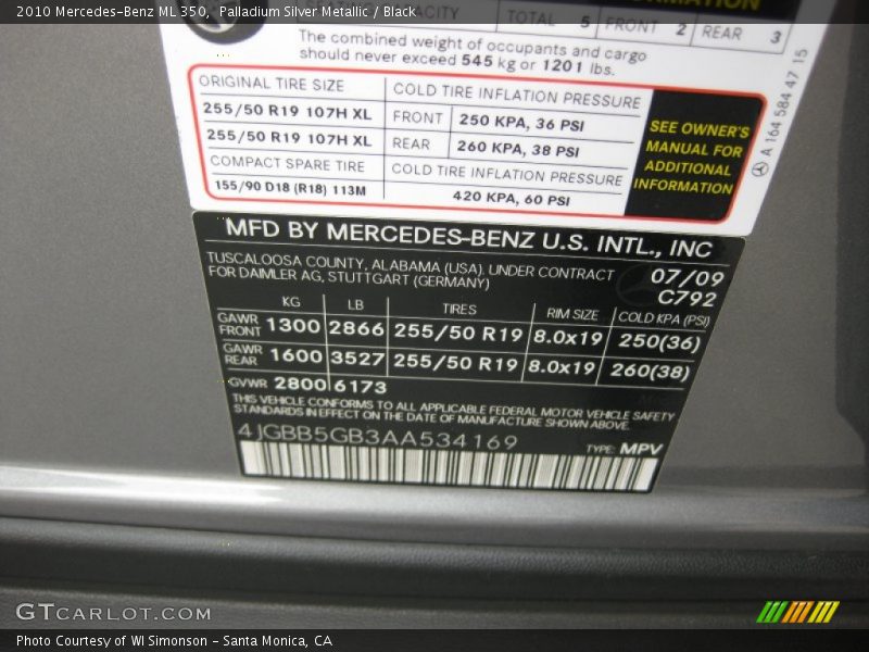 Palladium Silver Metallic / Black 2010 Mercedes-Benz ML 350