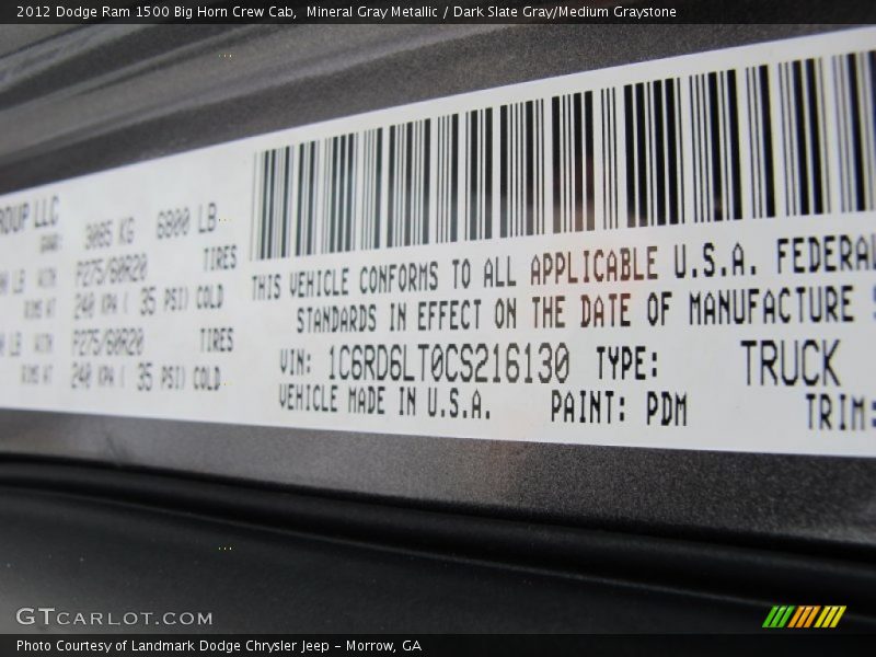 2012 Ram 1500 Big Horn Crew Cab Mineral Gray Metallic Color Code PDM